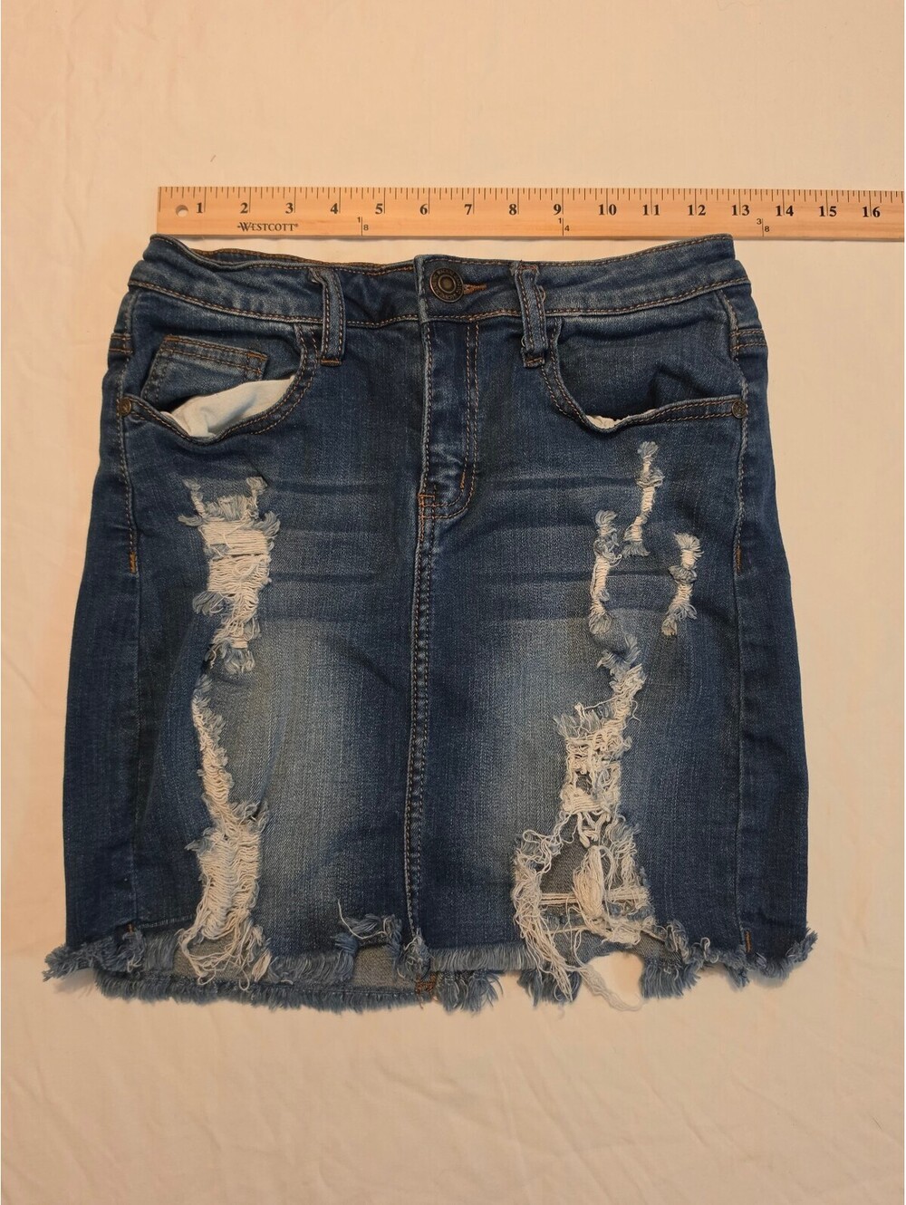 Machine Nouvelle Mode Distressed Denim Mini Skirt Size 28 M Ripped Frayed Y2K